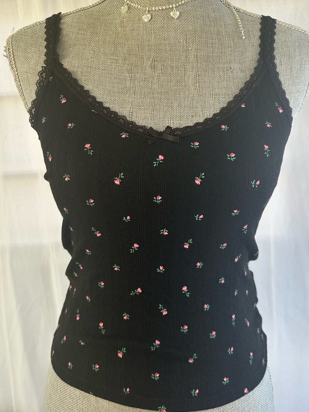 H&M Black Ribbed Lace-Trim Cami with Pink Rose Print